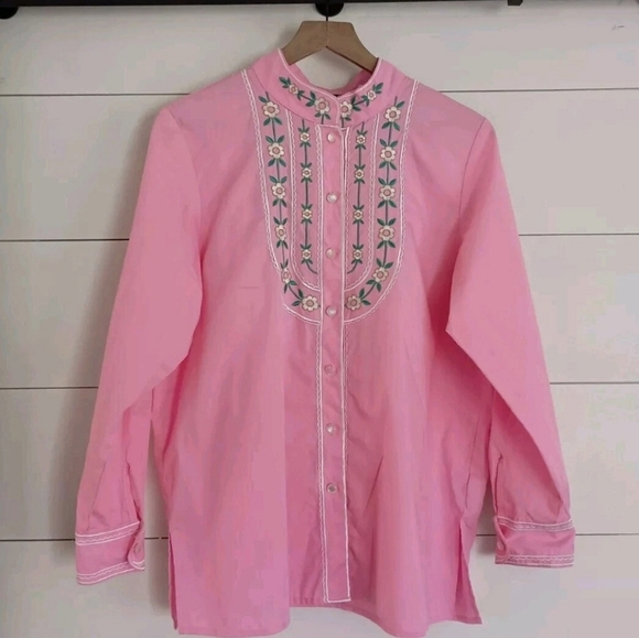 Vtg Bob Mackie Pink Embroidered Floral Western Blouse Shirt Size Medium - Picture 2 of 13